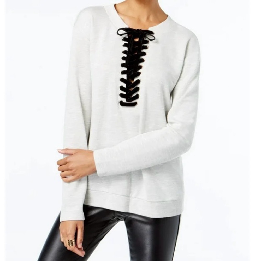 INC Lace-Up Terry Knit Long Sleeve Top Gray Black Size XXL